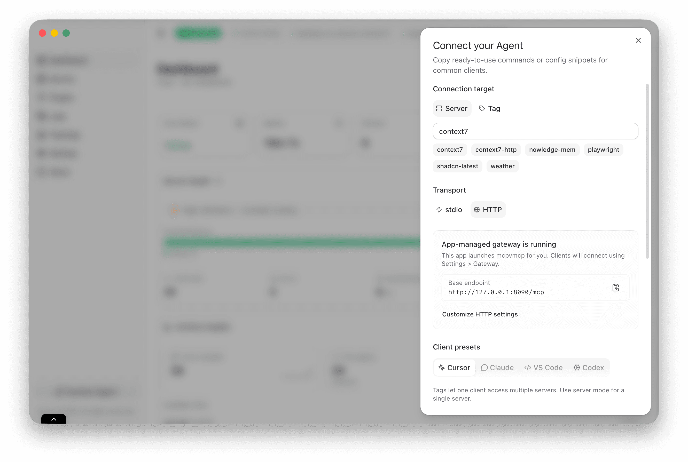 Connect client dialog