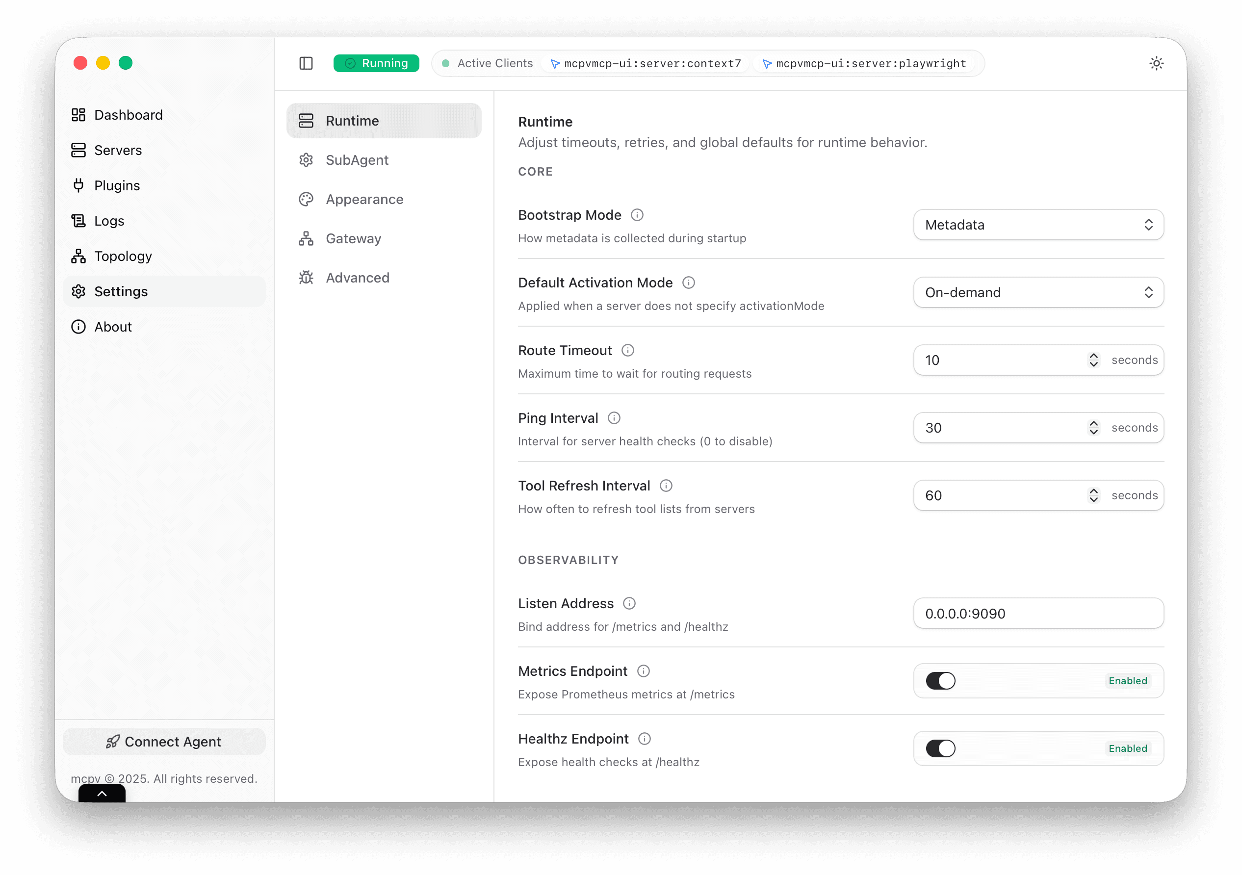 Runtime settings panel